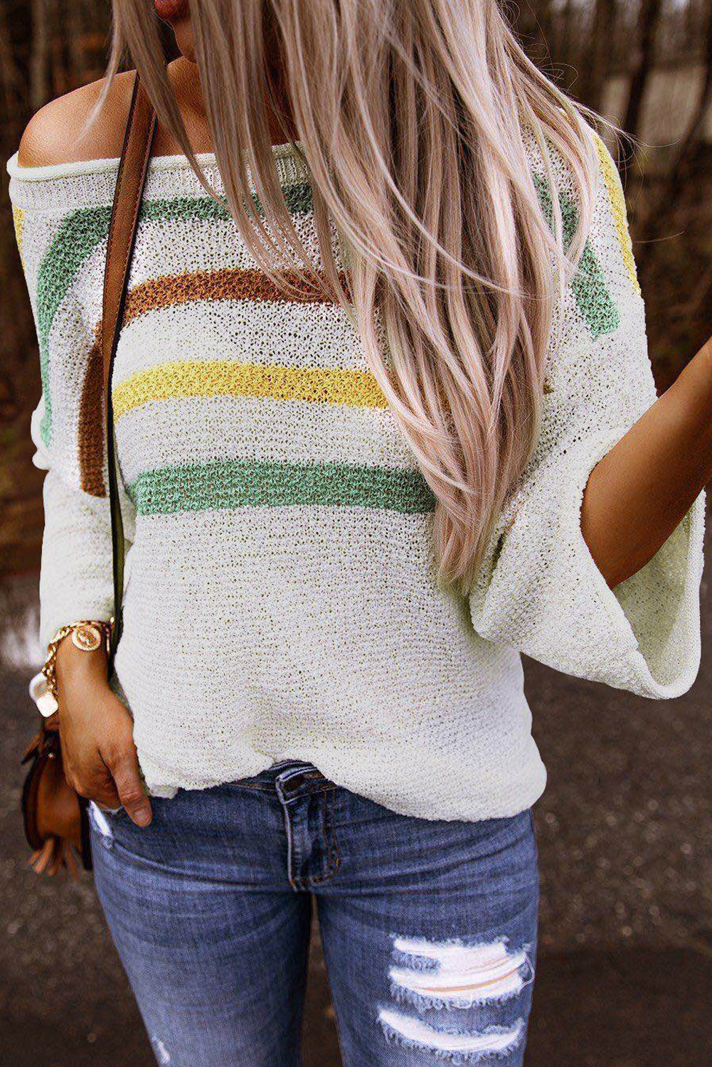 White Stripes Print 3/4 Sleeve Knit Top