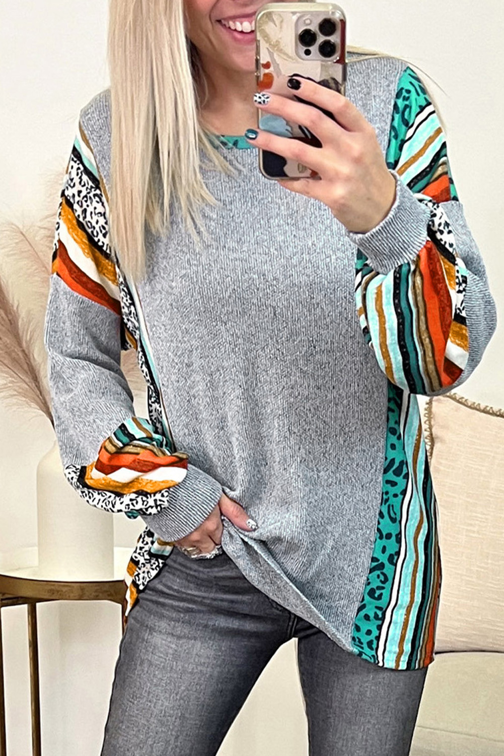 Grey Leopard Print & Multicolor Striped Pullover Long Sleeve Top