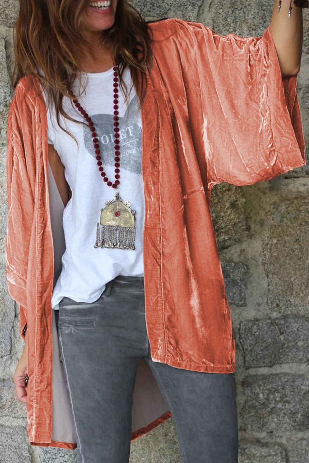 Pink Solid Casual Velvet Open Front Cardigan