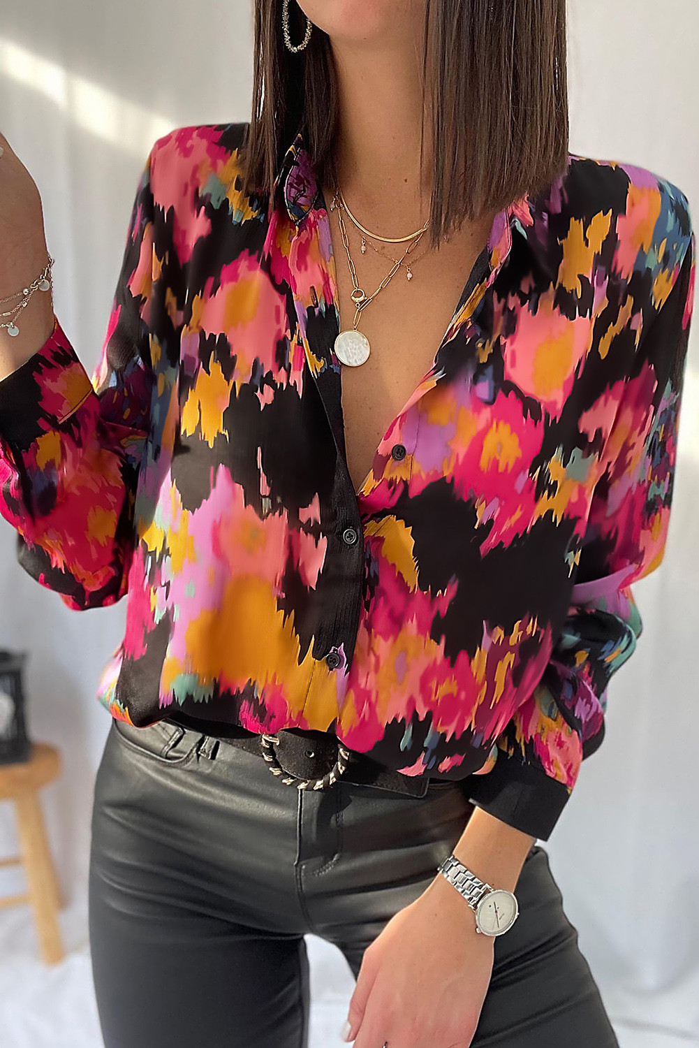 Black Tie-dye Abstract Print Casual Collared Shirt