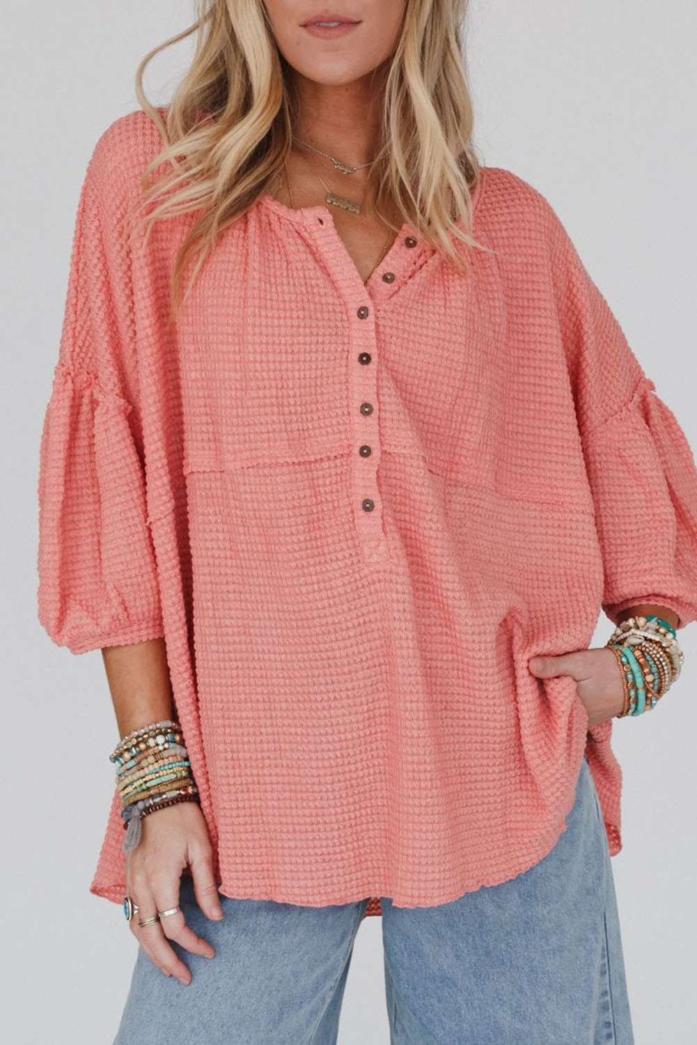 Shewin Wholesale Apparel Boutique Pink Waffled BRACELET Sleeve Oversized Henley Top