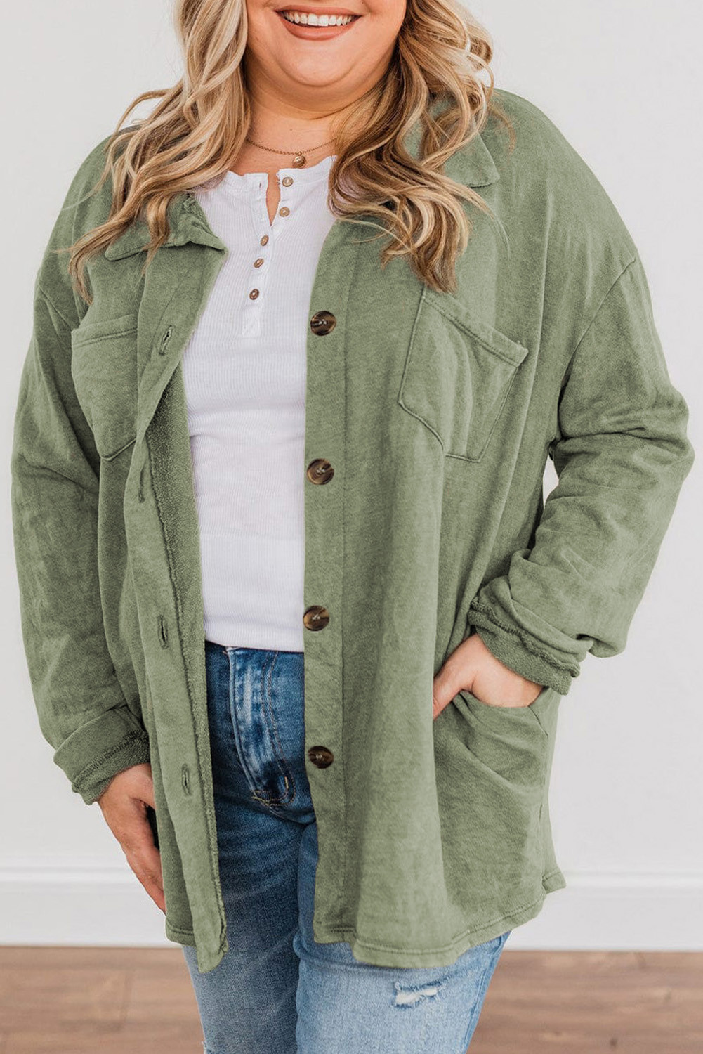 Green Buttons Closure Pocketed Plus Size Jacket