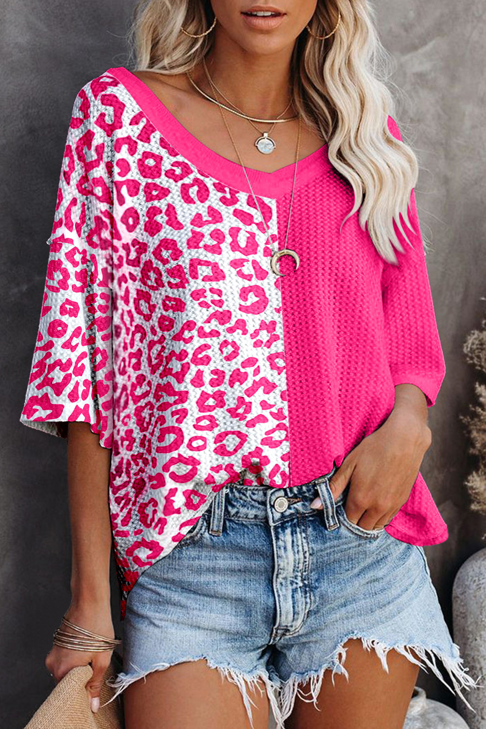 Rose Waffle Knit Leopard Solid Contrasting Loose Blouse