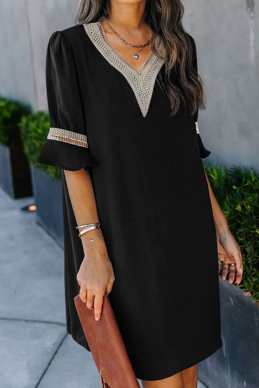 Black Lace Crochet Splicing V Neck Shift Dress
