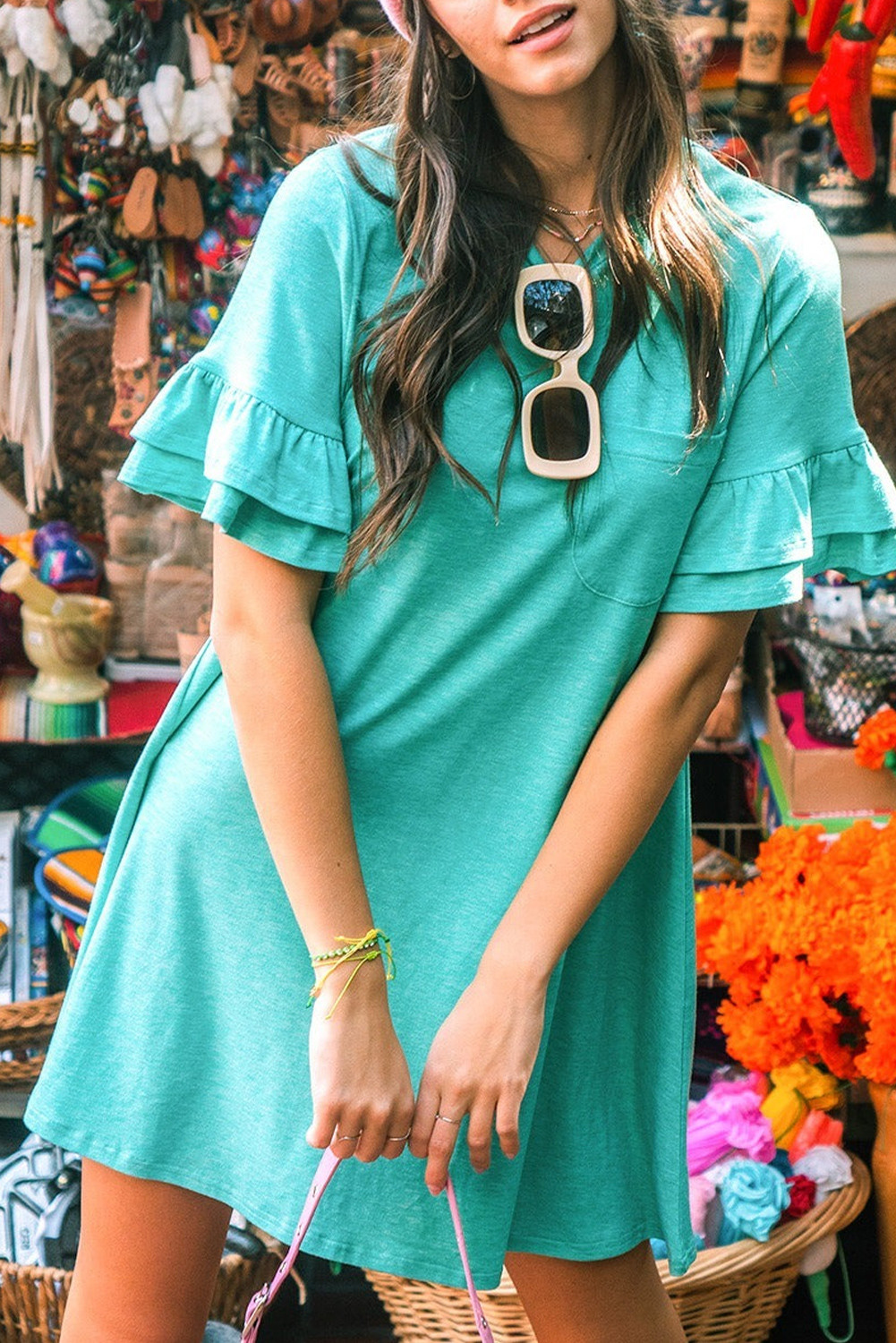 Green Ruffled Short Sleeve Casual T Shirt Dress with Pocket