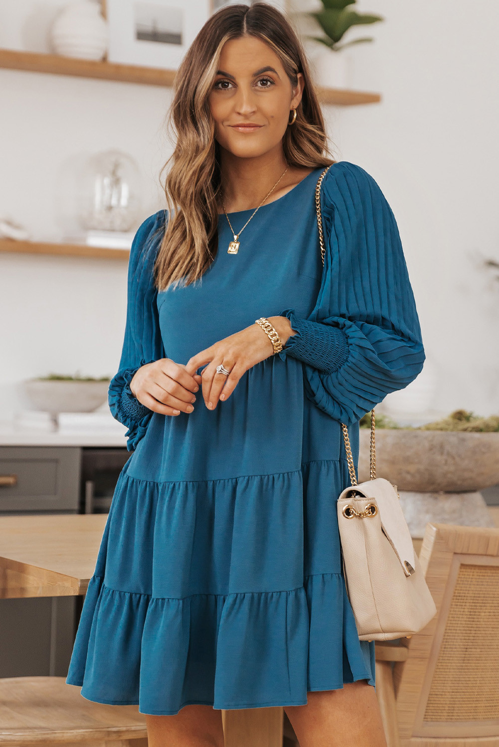 Green Pleated Bubble Sleeves Tiered Ruffle Short Dress