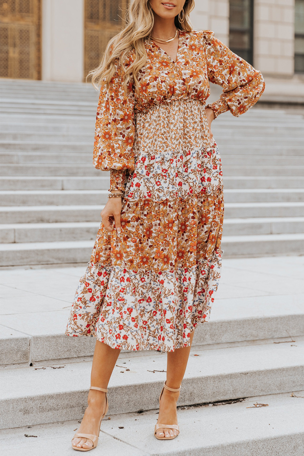 Orange Mix Floral Colorblock Shirred Cuffs Frill Tiered Dress