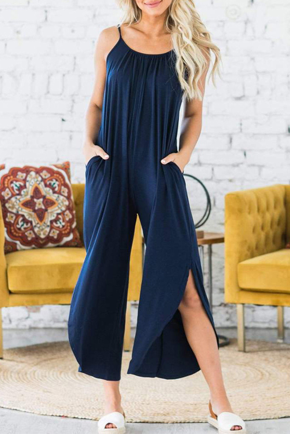 Dark Blue Plain Spaghetti Strap Split Loose Wide Leg Jumpsuit