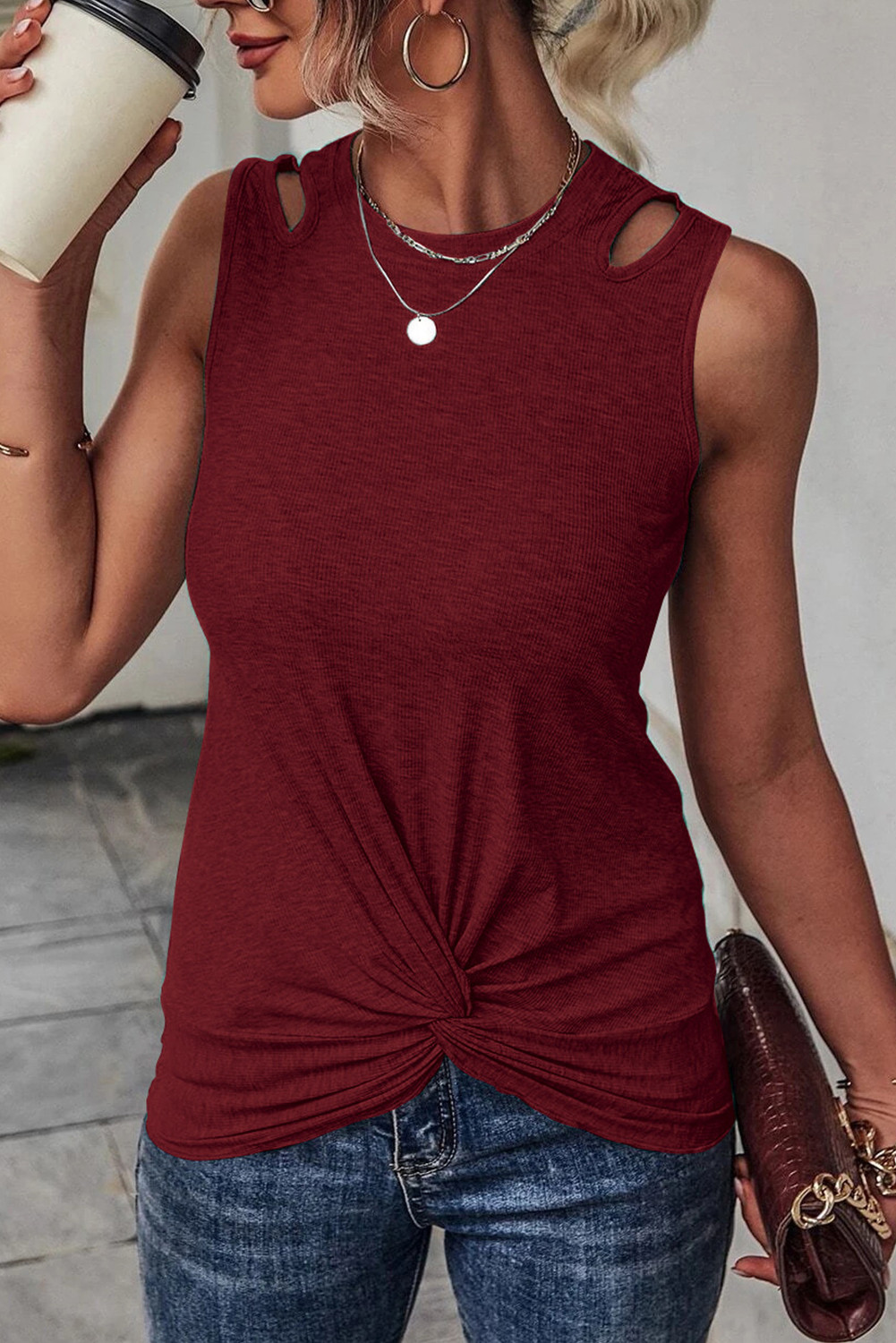 Red Ribbed Knit Cut Out Twist Front Crew Neck Tank Top