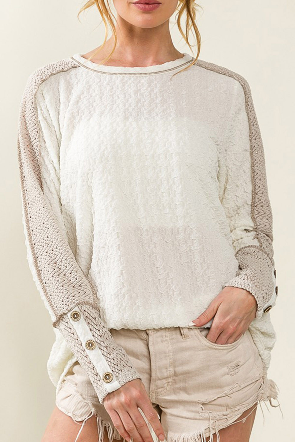 White Color Block Textured Buttoned Cuffs Long Sleeve Top
