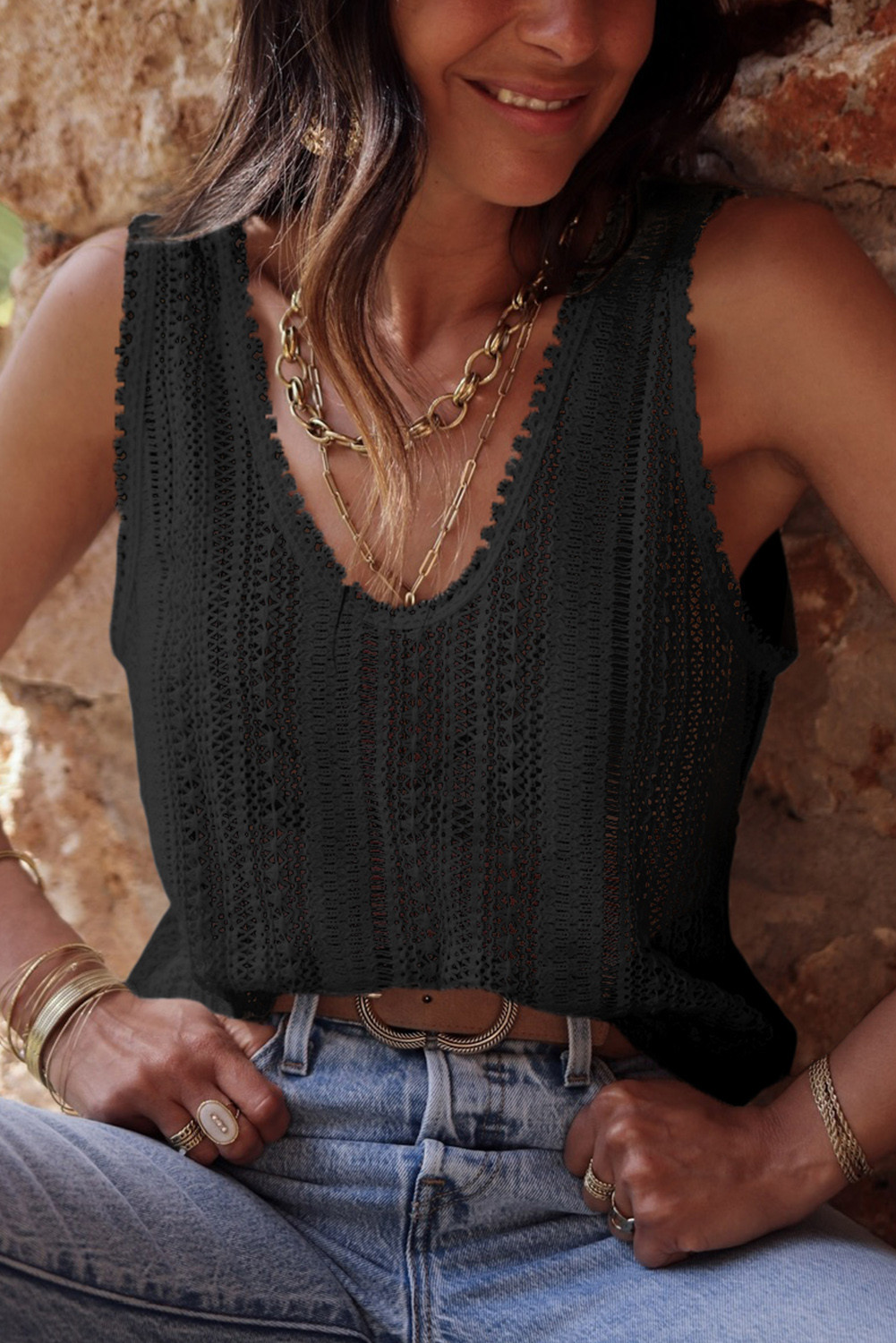 Black Lace Crochet Open Back U Neck Tank Top