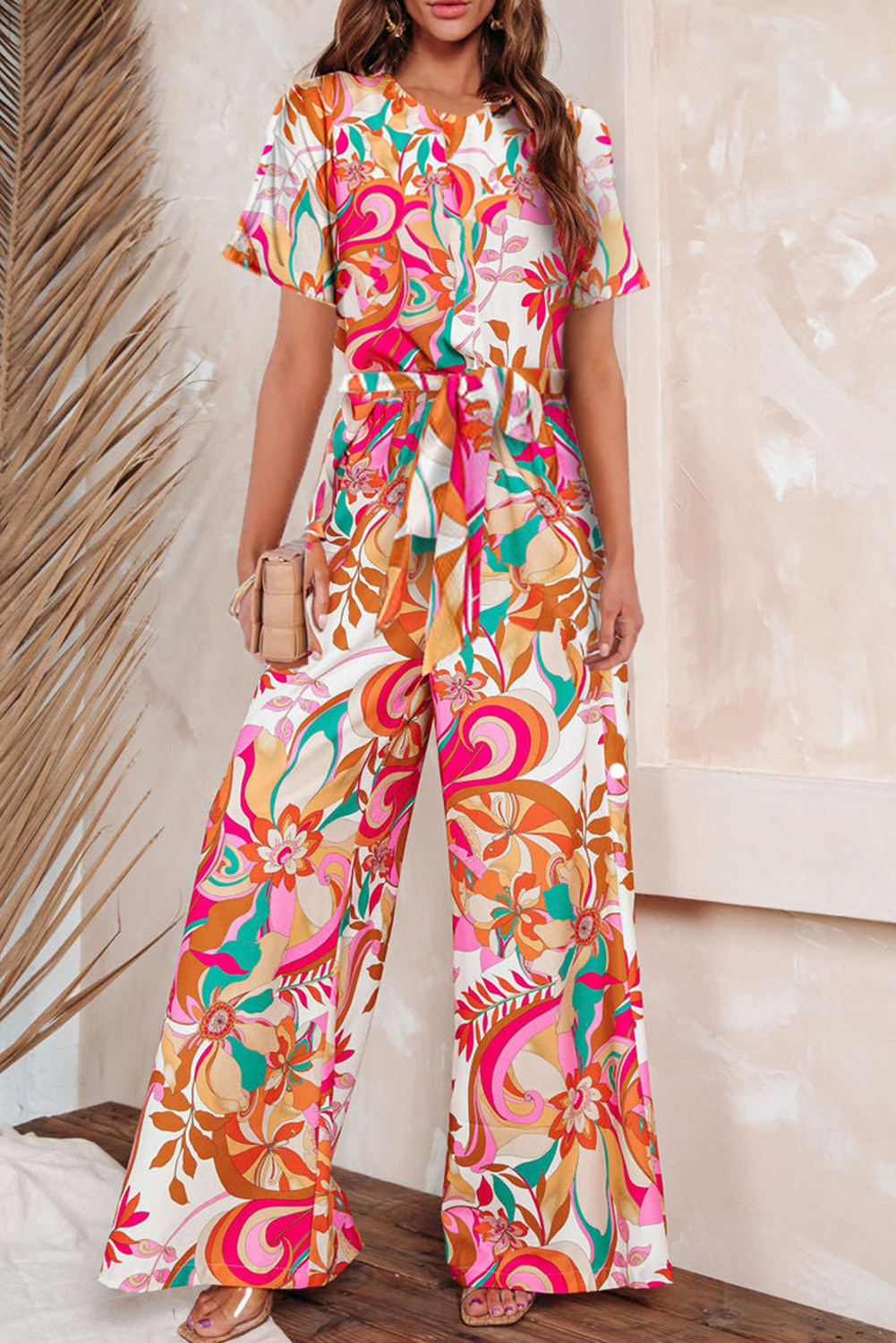 Multicolor Floral Abstract Print Belted Keyhole Back Jumpsuit