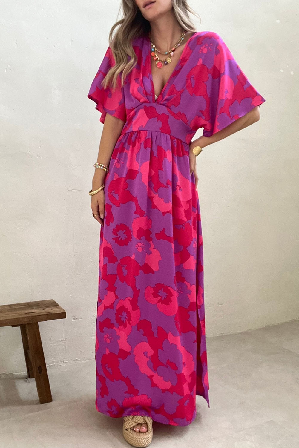 Shewin Wholesale Apparel Suppliers Rose Abstract Floral Print V Neck Split Maxi DRESS