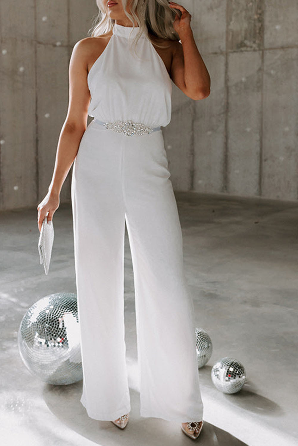 White Elegant Button Halterneck Sleeveless Wide Leg Jumpsuit
