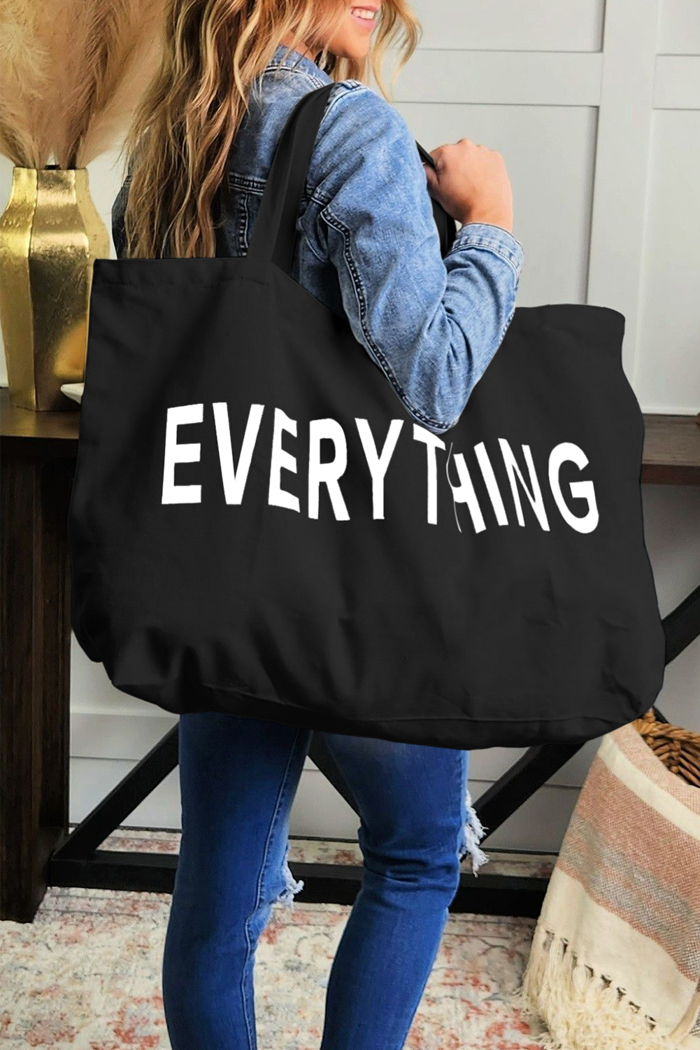 Shewin Wholesale Apparel Black 73*17*44cm EVERYTHING Letter Print Large Canvas TOTE BAG