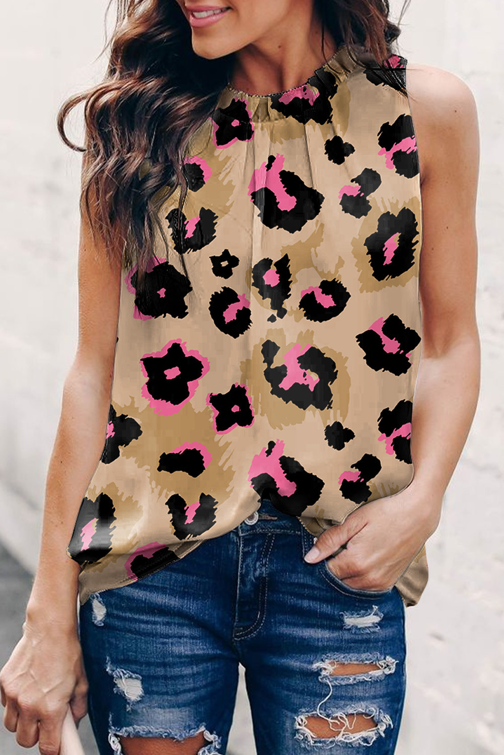 Leopard Print Casual Sleeveless Shirt for Women