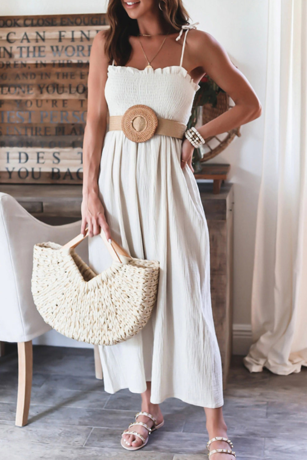 White Pleated Spaghetti Strap High Waist Wide Leg Jumpsuit