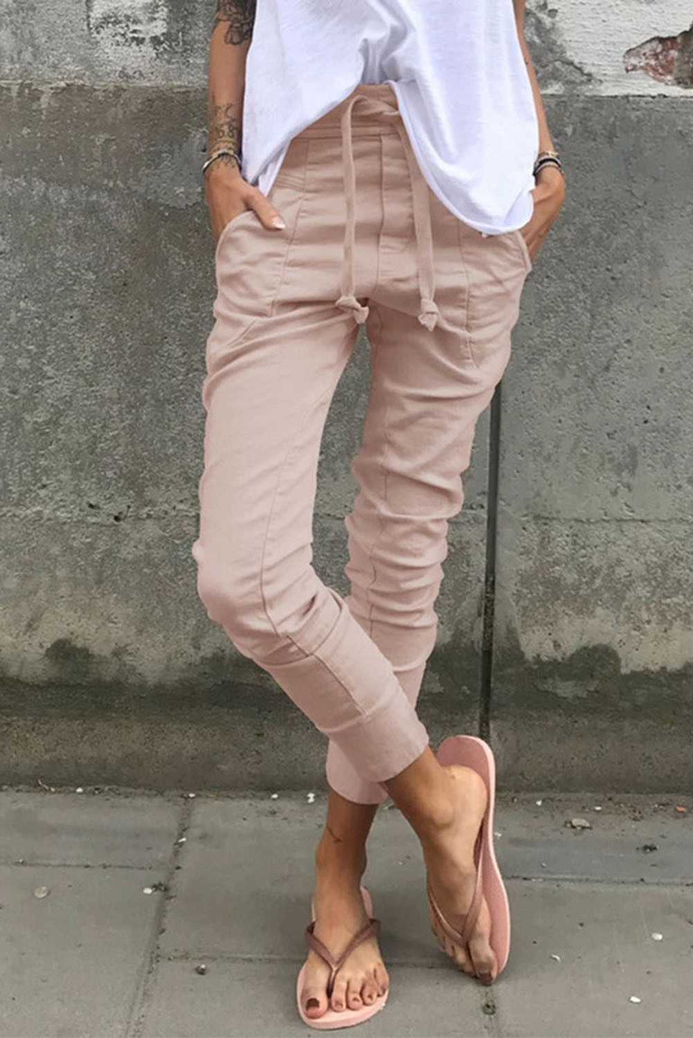 Apricot Skinny High Waisted Drawstring Capri Pants
