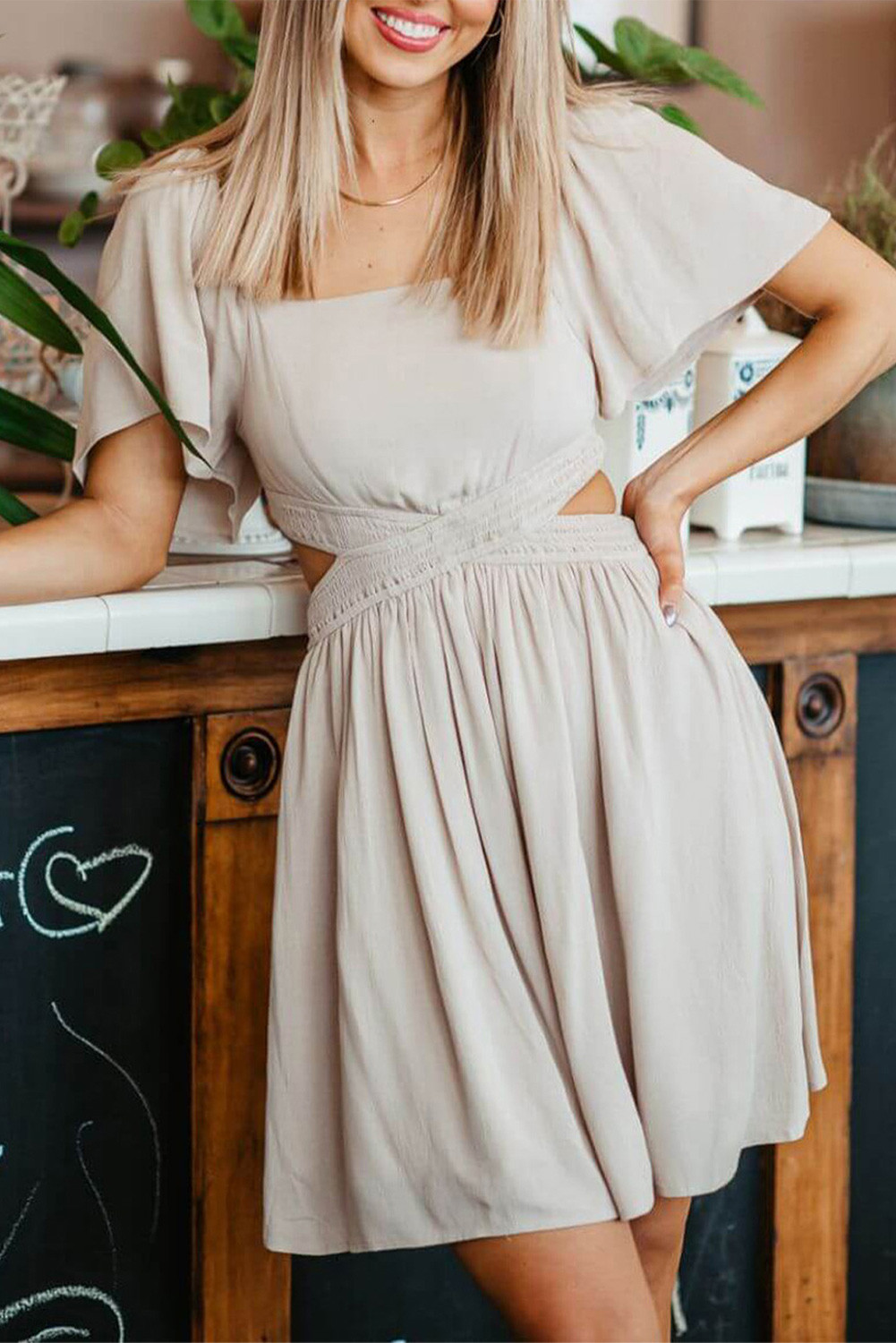 Beige Elegant Square Neck Cutout Ruffle Flowy Dress