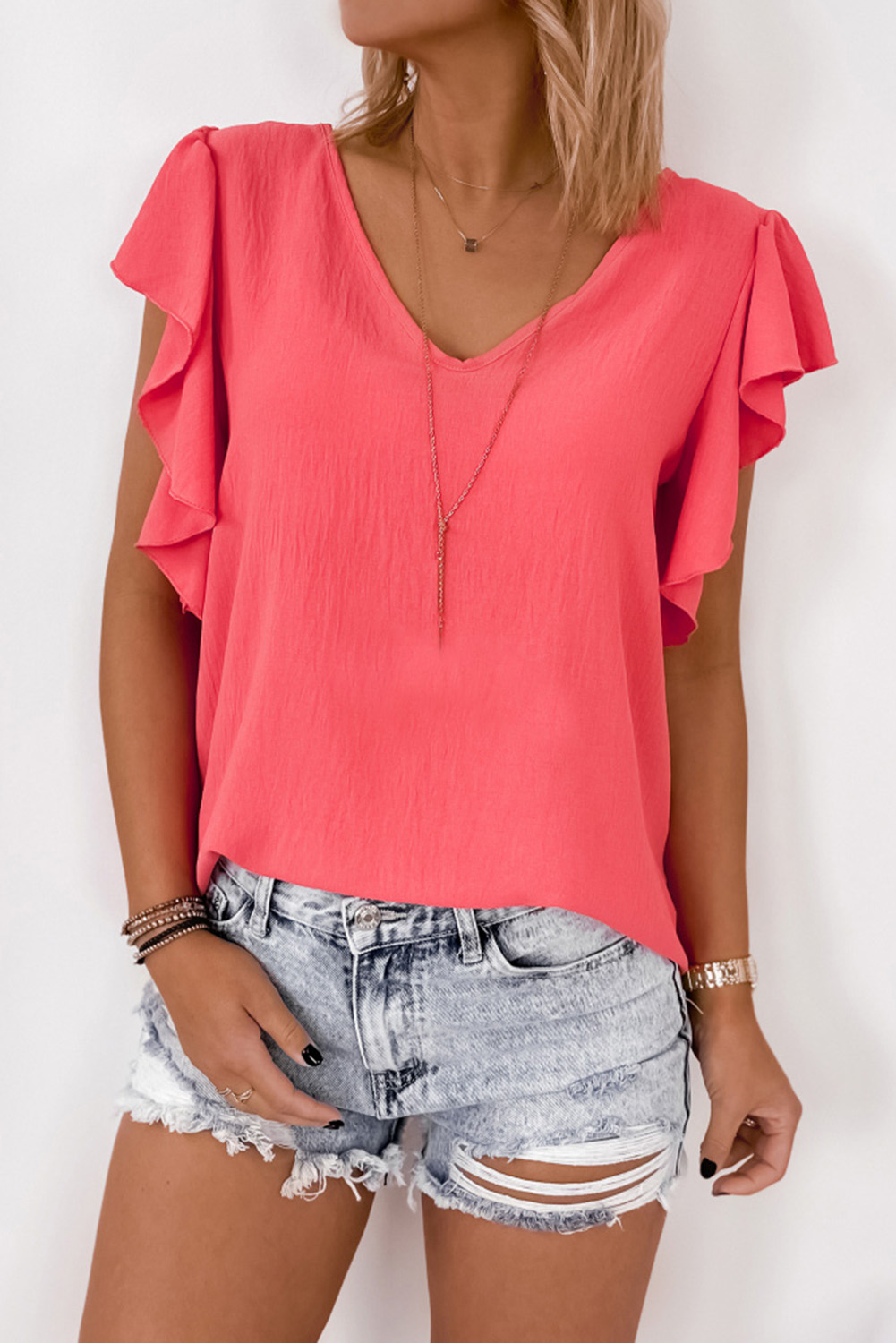 Shewin Wholesale CLOTHING Distributor Red Solid V Neck Ruffle Sleeve Loose Top