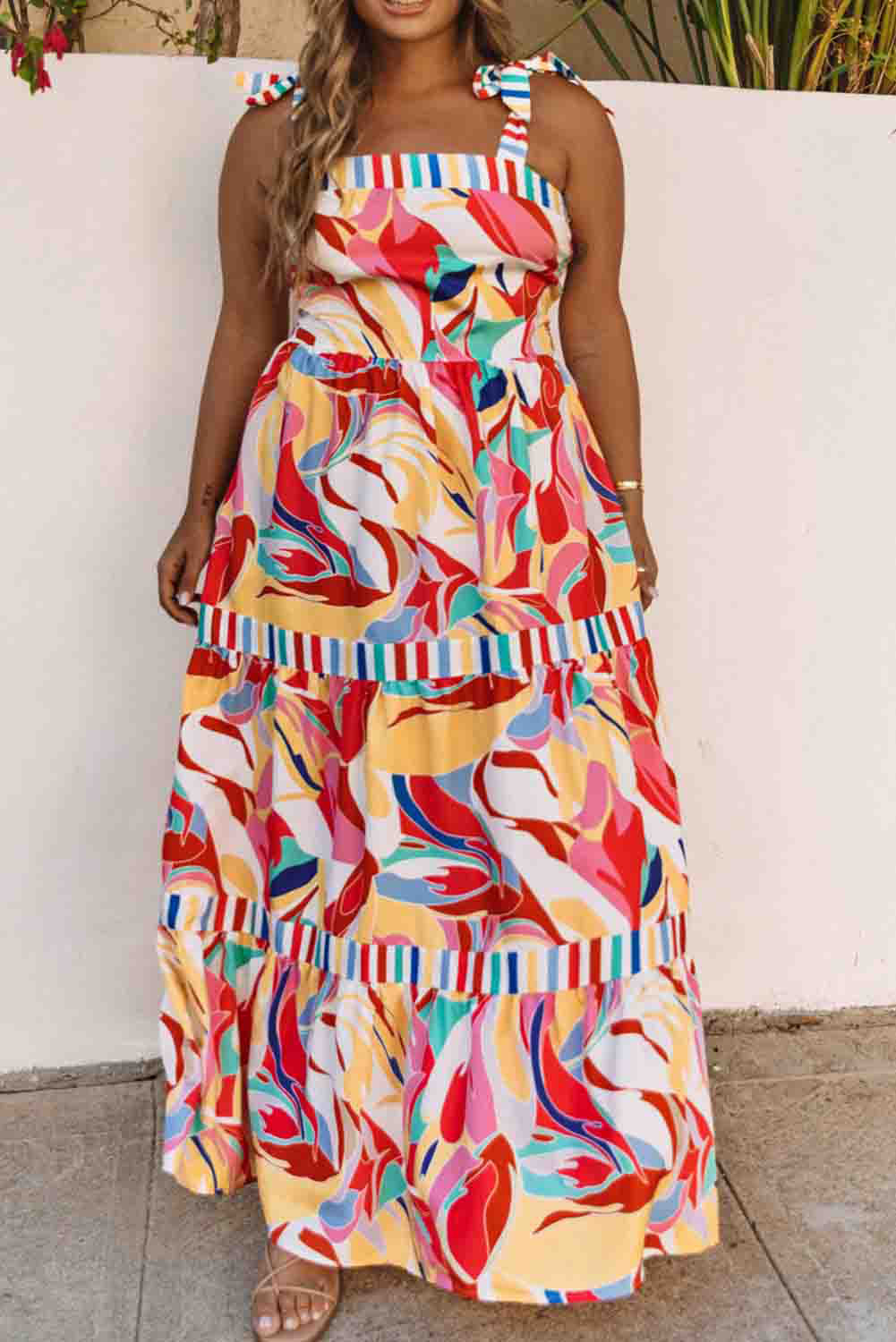Multicolor Bohemian Abstract Print Tie Straps Maxi Dress