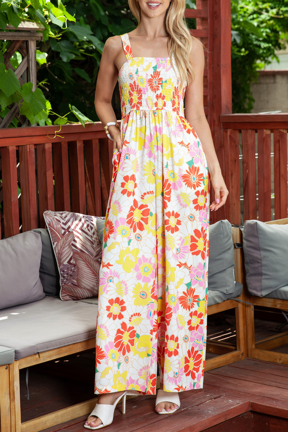 Multicolor Floral Print Smocked Sleeveless Summer Wide Leg Jumpsuit