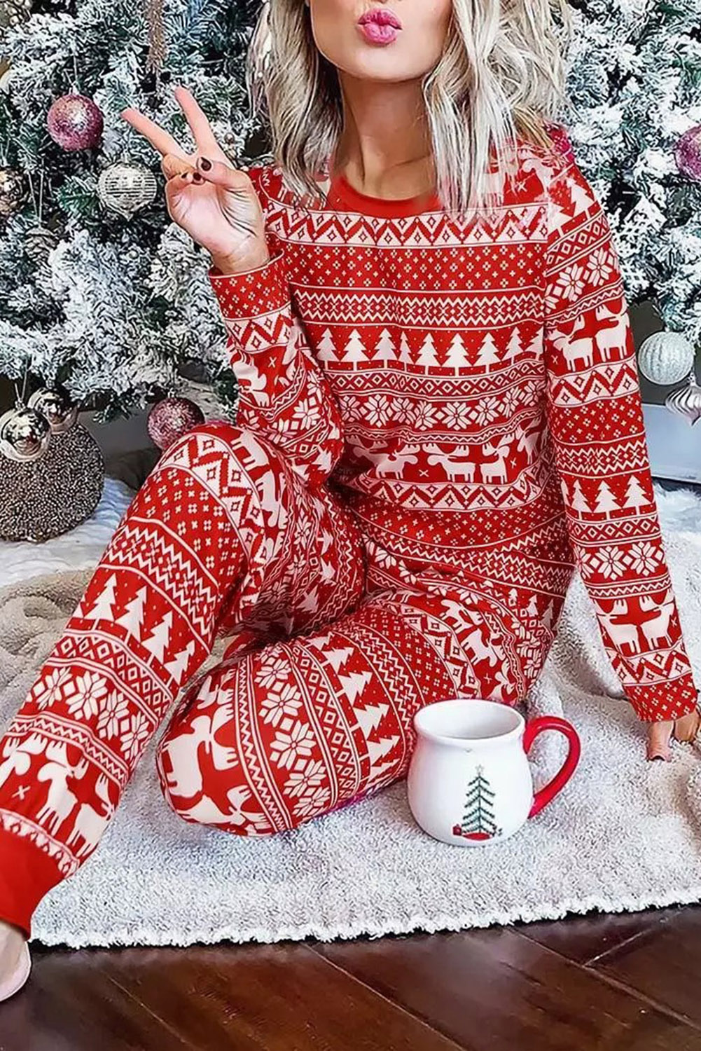 Dropshipping Red CHRISTMAS Tree Reindeer Pullover & Pants Loungewear Set