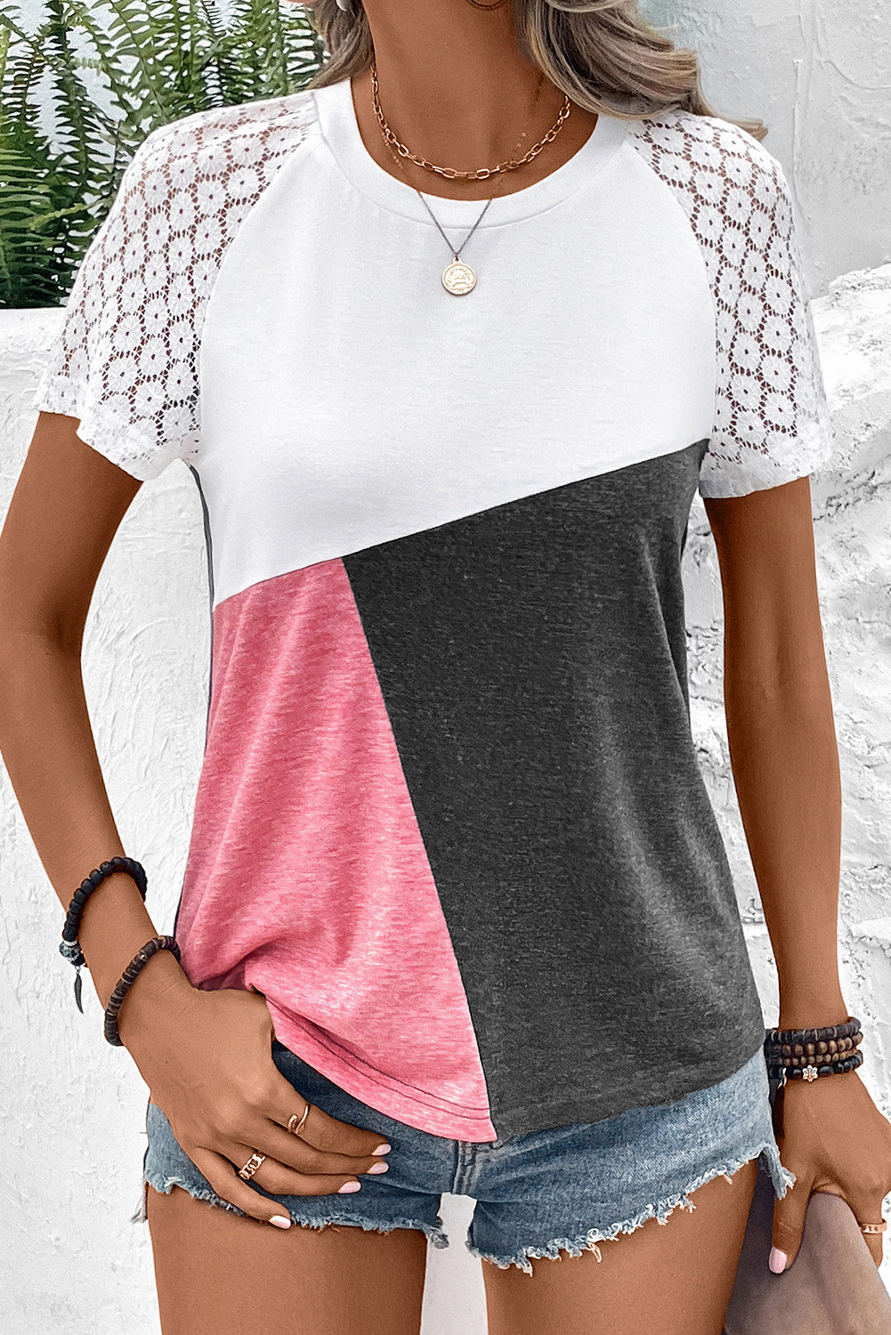Multicolor Casual Patchwork Lace Sleeve T Shirt