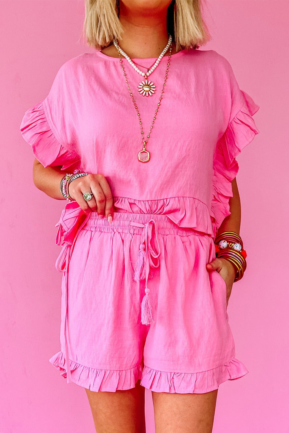 Pink Ruffled Hem T Shirt & Elastic Drawstring Waist Pocketed Shorts Set