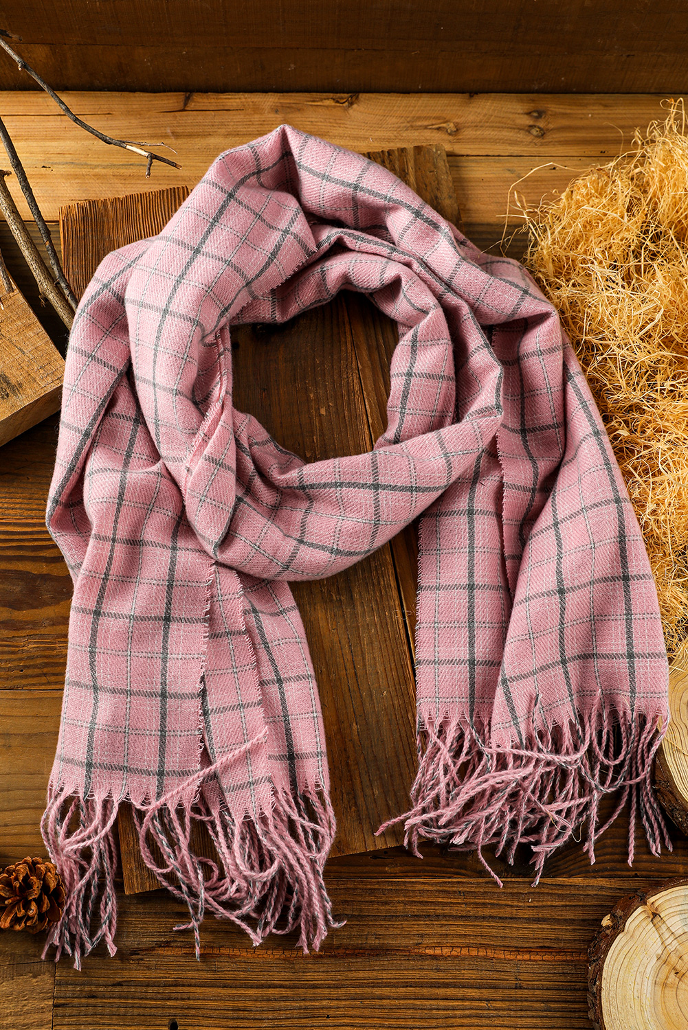 Dropshipping Pink Simple Checked Fringe Trim SCARF
