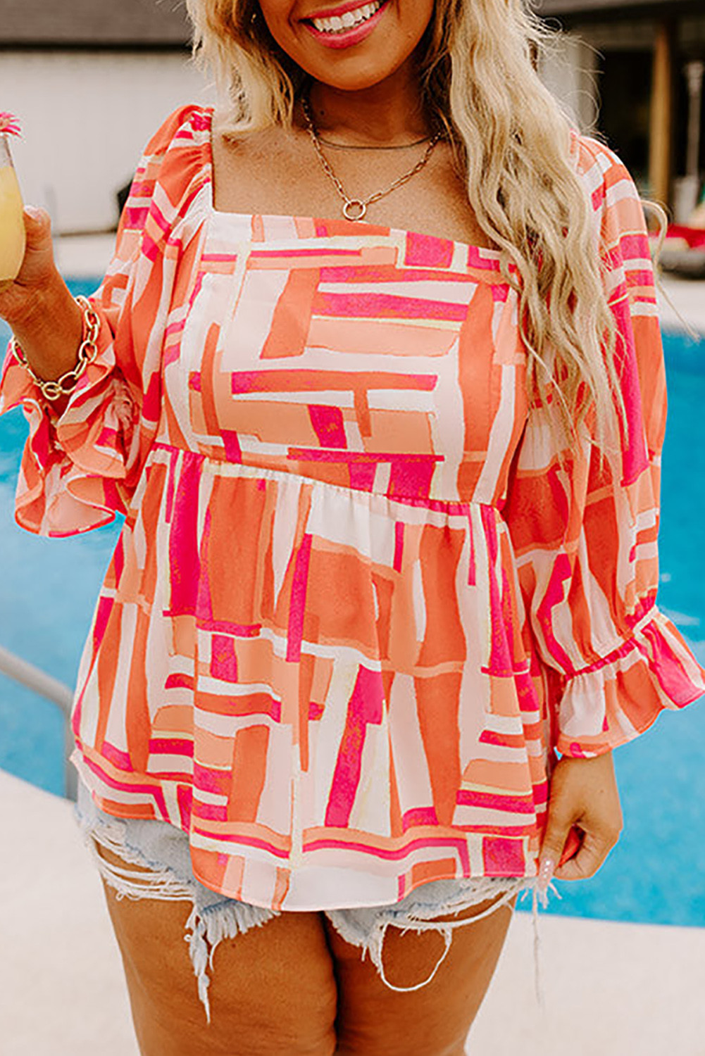 Orange Geometric Print Smocked Square Neck Plus Size Blouse