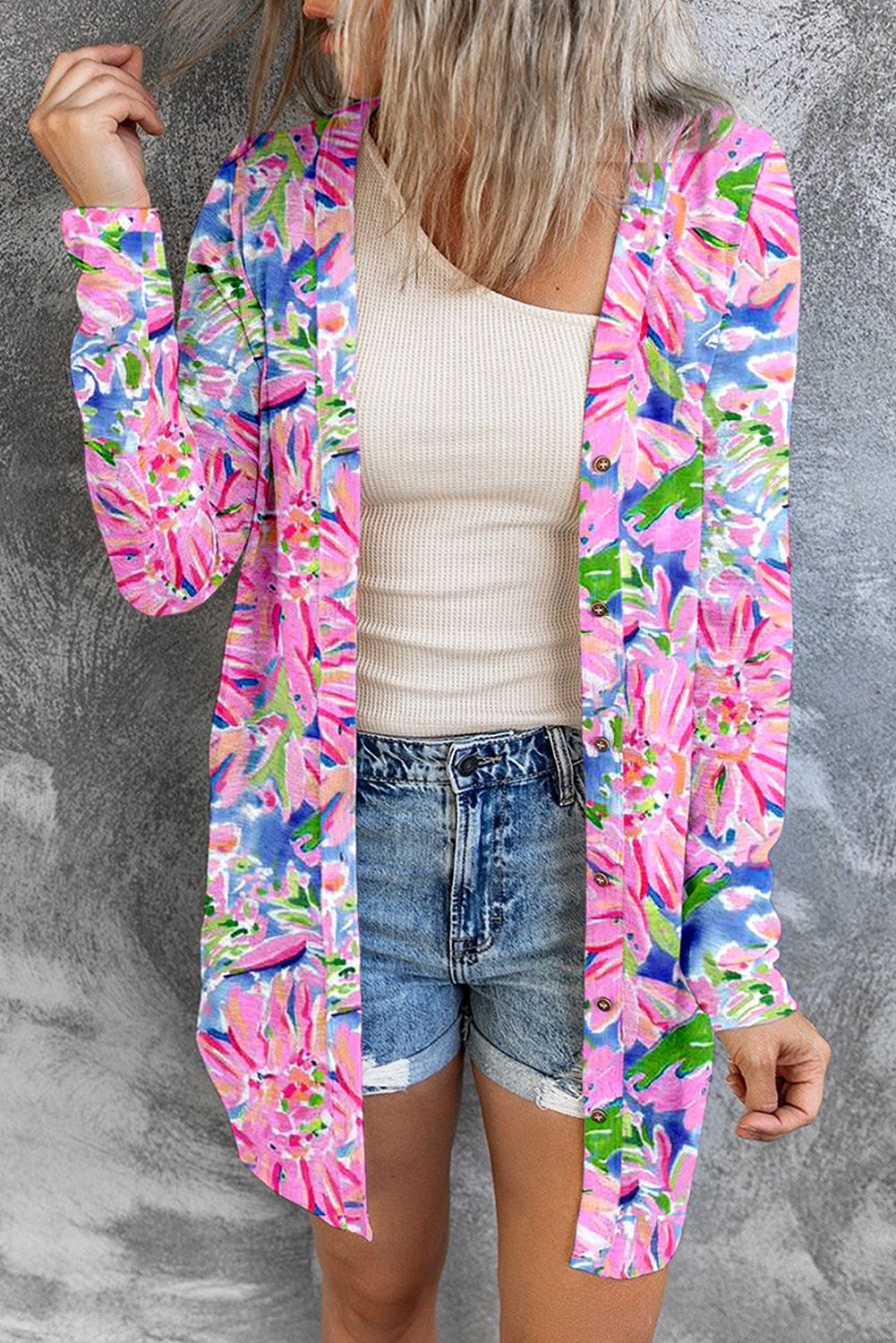Shewin Wholesale Apparel Distributor Pink FLOWER Print Long Sleeve Button Up Cardigan