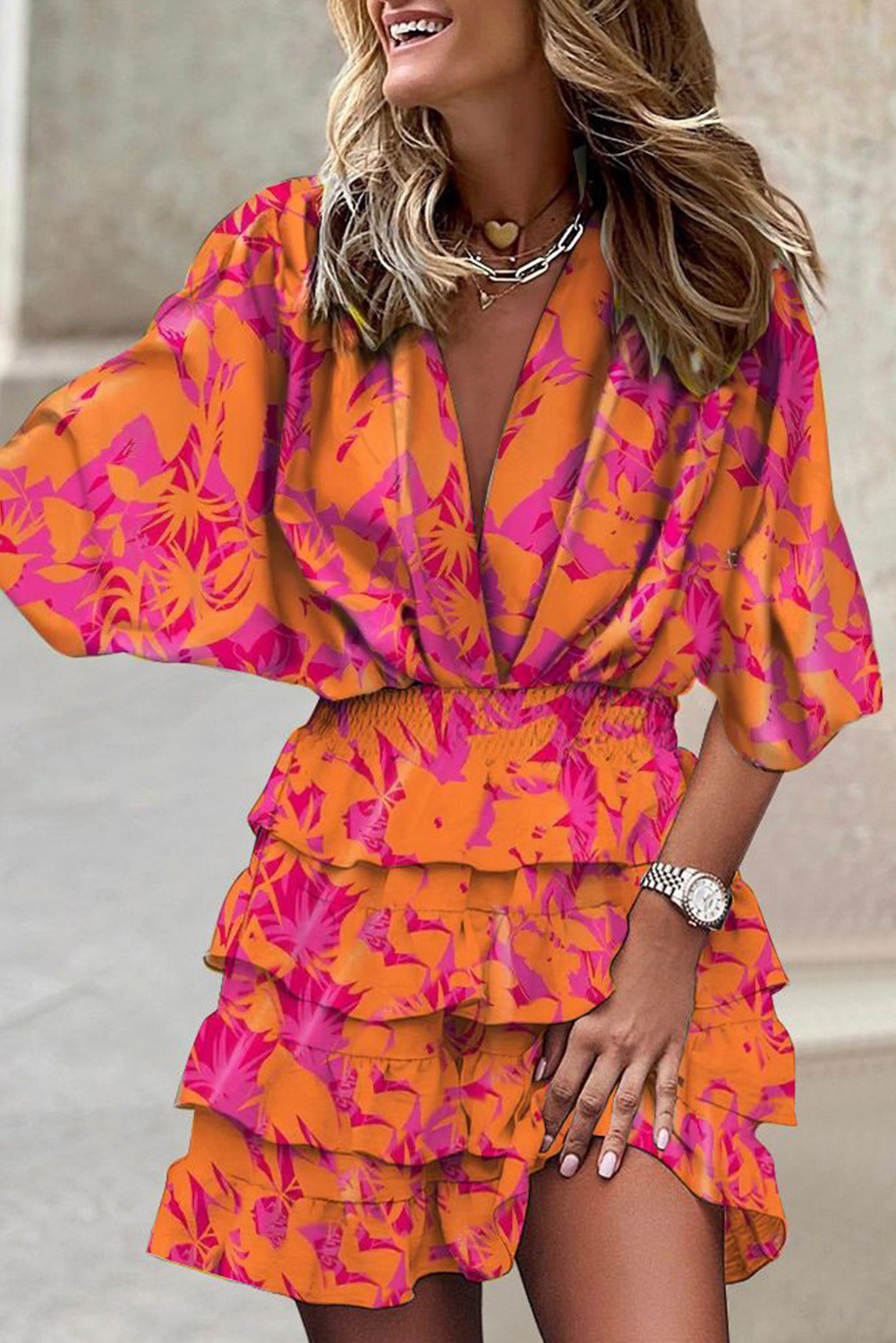 Multicolor Floral Deep V Neck High Waist Ruffle Short Dress