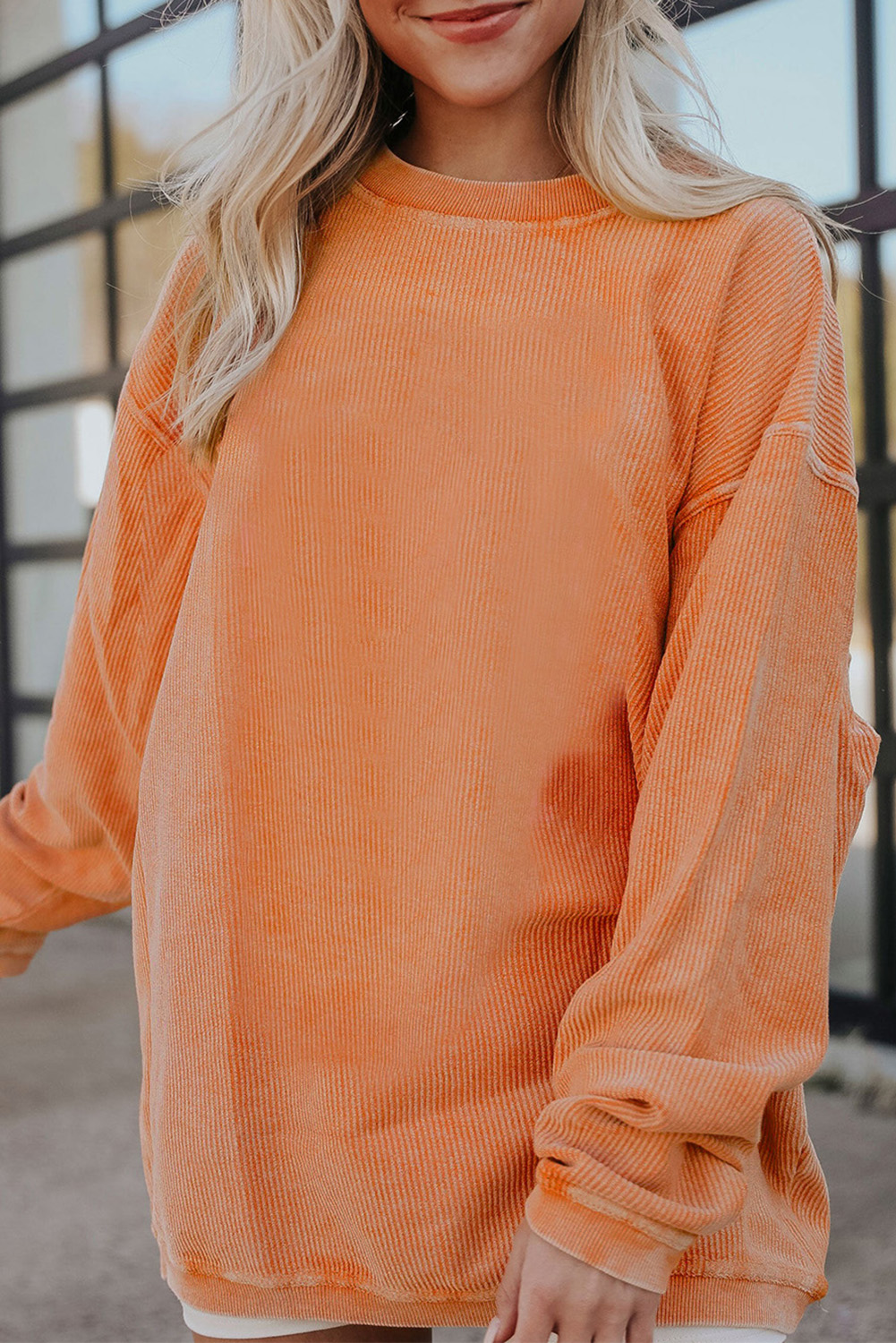 Shewin Wholesale Chic Female Orange Plain Drop Sleeve Rib-Knit Oversized Sweatshirt