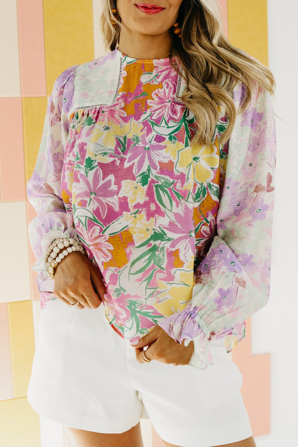 Purple Floral Patchwork Lace Trim Blouse