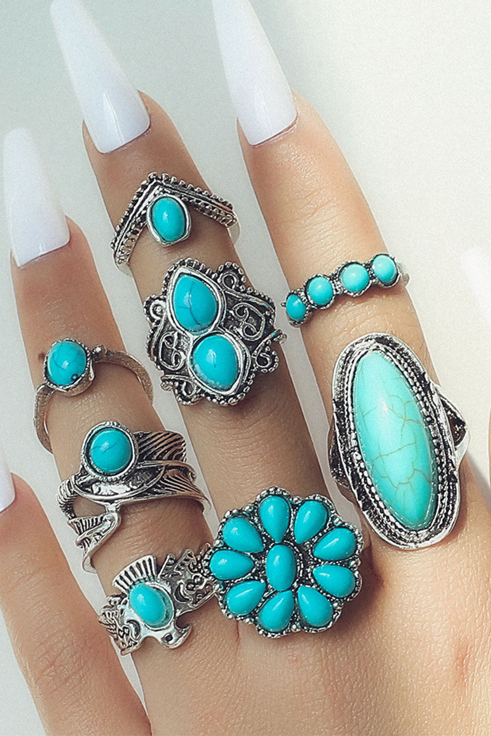Shewin Wholesale Dropshippers Green 8Pcs Vintage Turquoise RING Set