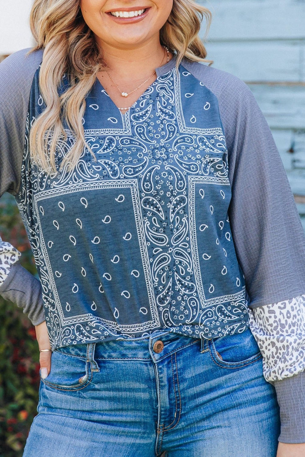 Sky Blue Paisley Patchwork Split Neck Plus Size Top