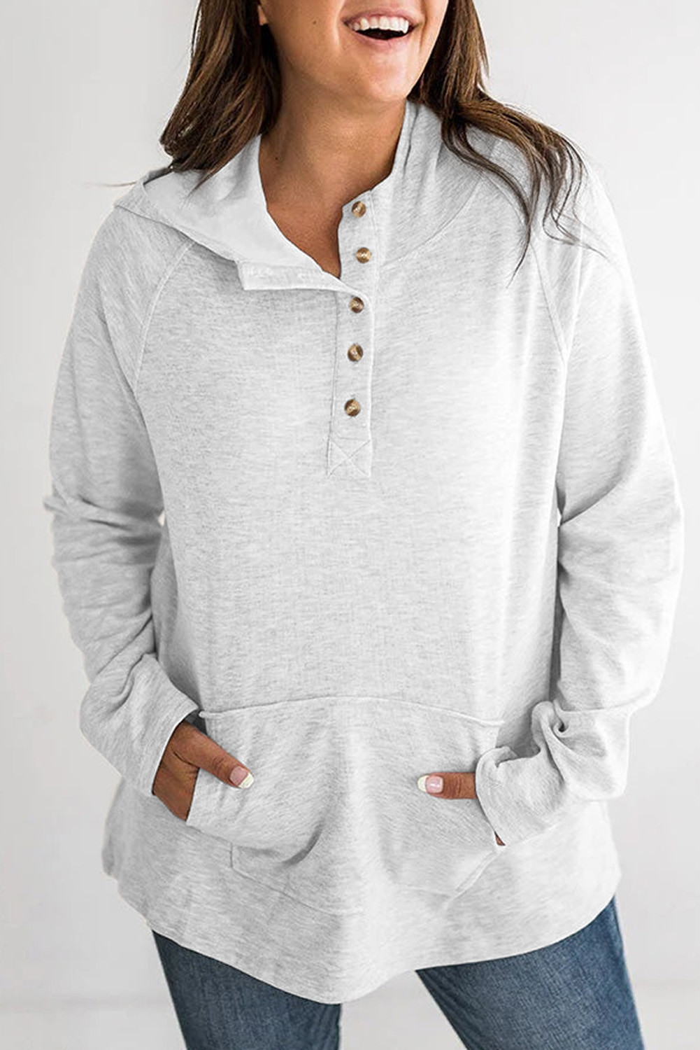 Gray Plus Size Kangaroo Button Pocket Henley Hoodie