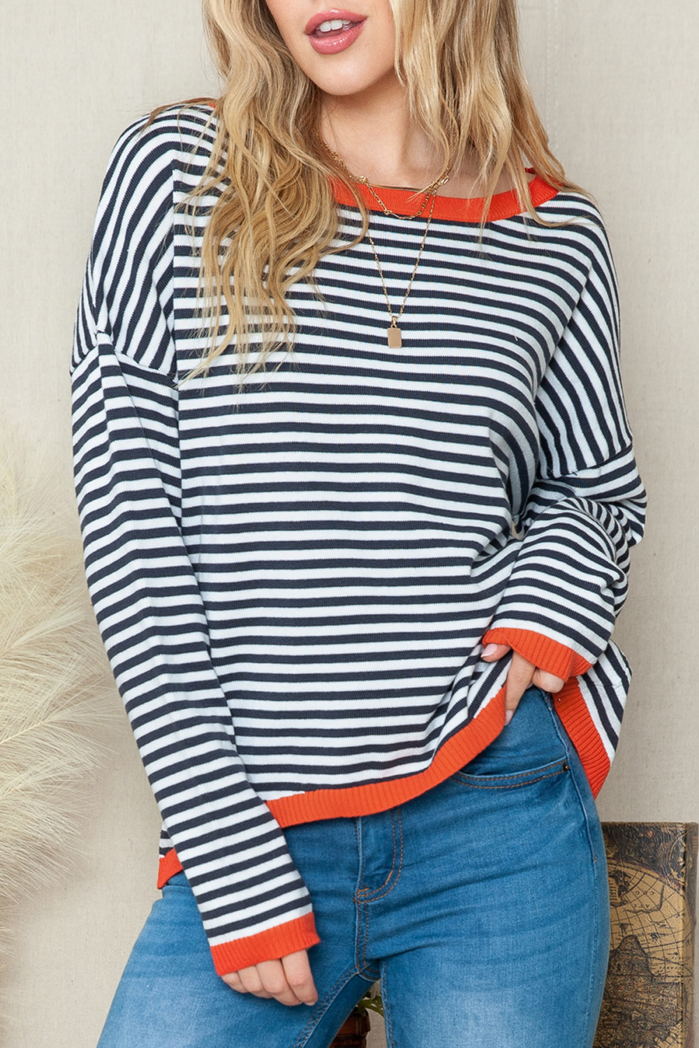 Wholesale Striped Print Trim Drop Sleeve Knit Pullover SWEATER