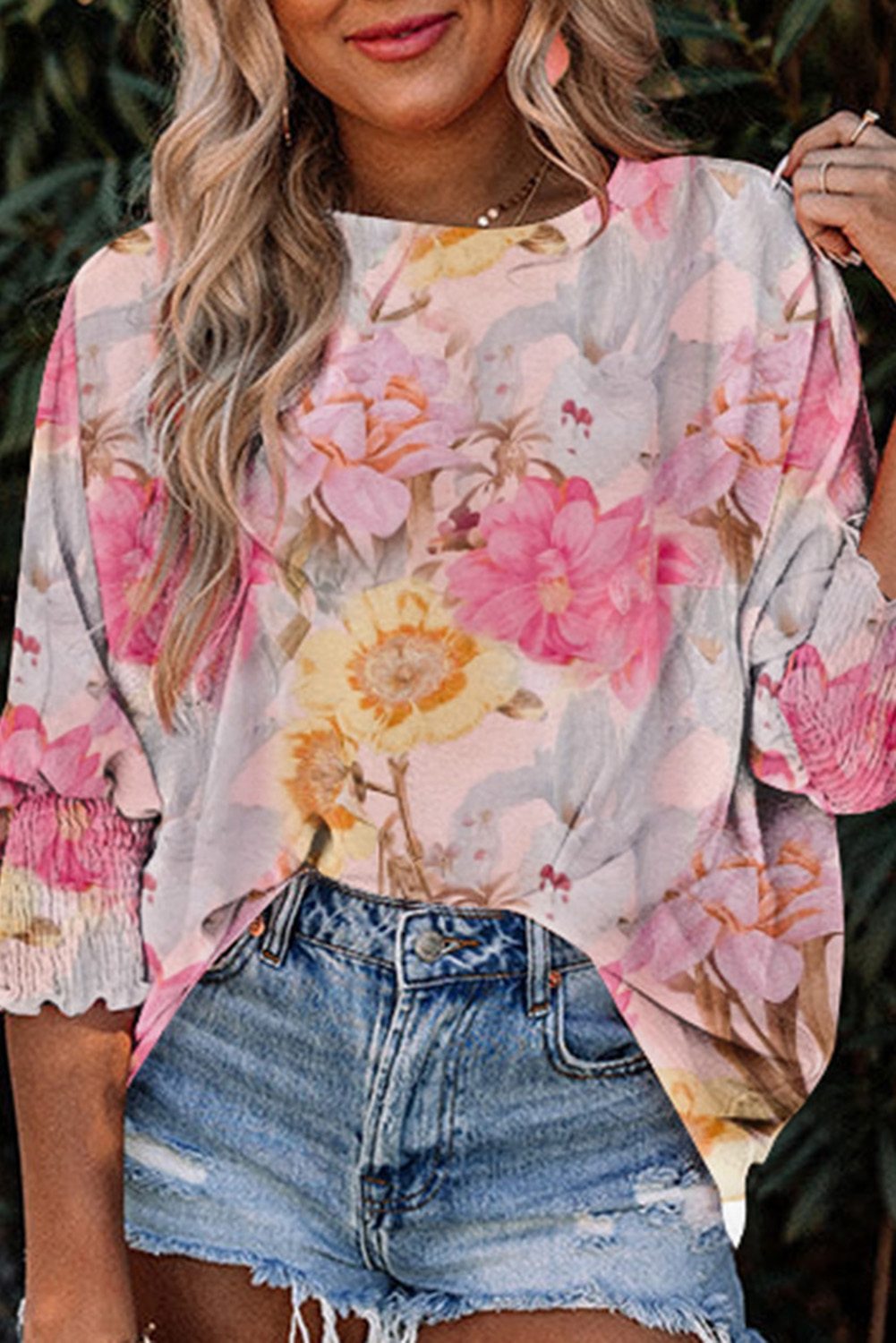 Shewin Wholesale CLOTHING Distributor Pink Shirred Cuffs 3/4 Sleeve Loose Fit Floral Blouse