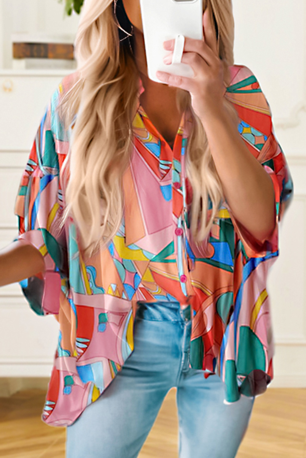 Shewin Wholesale CLOTHING Stores Multicolor Abstract Print Half Batwing Sleeve Loose Shirt