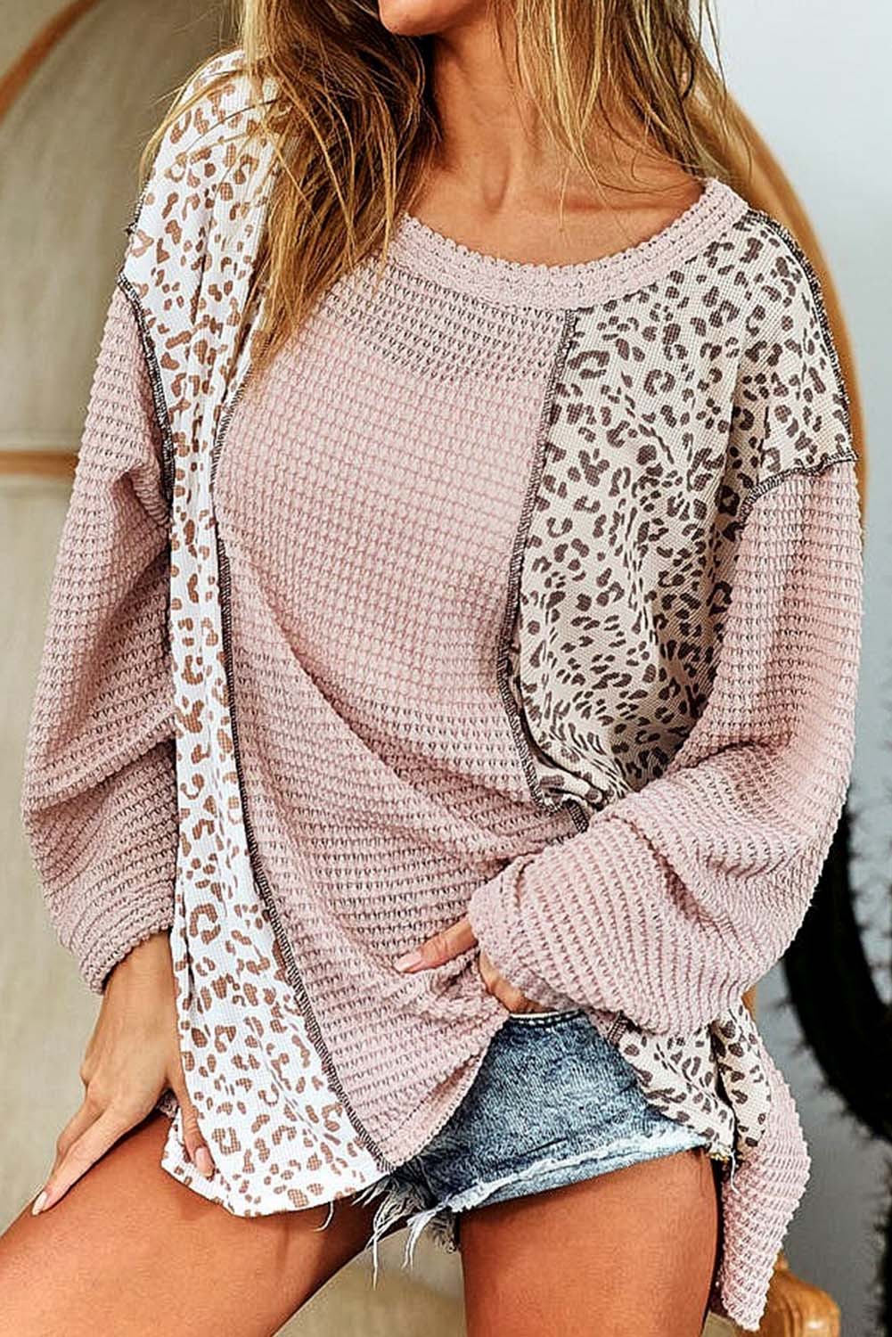 Pink and Leopard Print Waffle Knit Long Sleeve Top