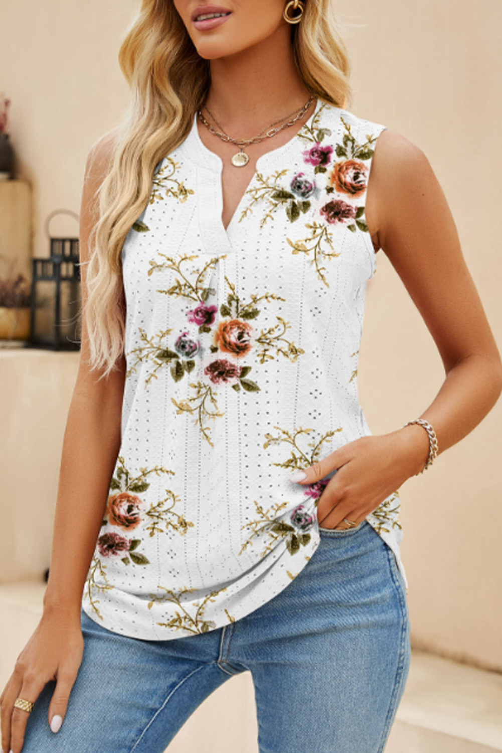 White Floral Print V Neck Eyelet Tank Top