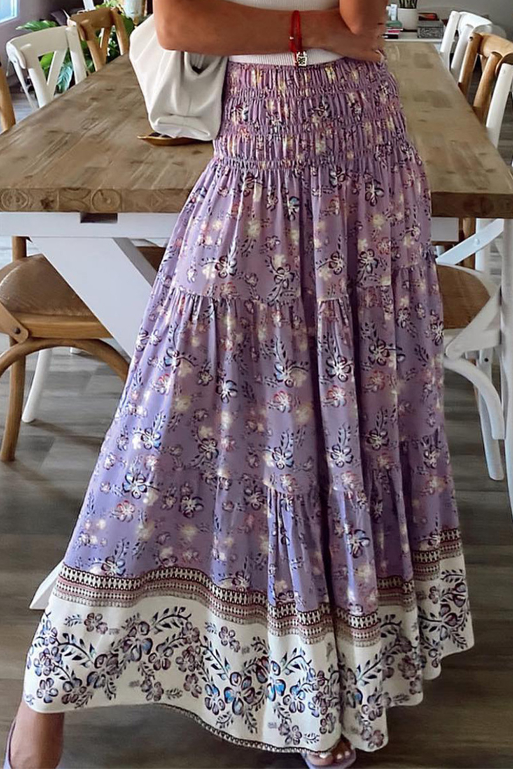 Shewin Wholesale Casual Purple Floral Print Shirred High Waist Maxi SKIRT
