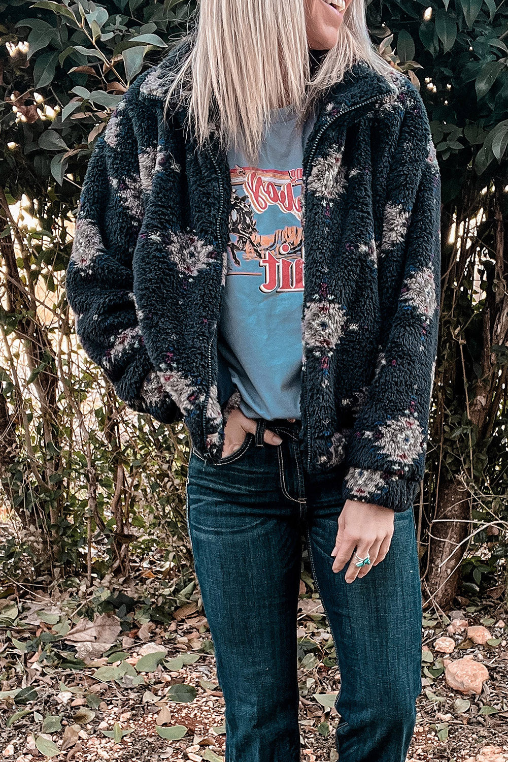 Black Geometric Print Full Zip Up Collared Sherpa Coat