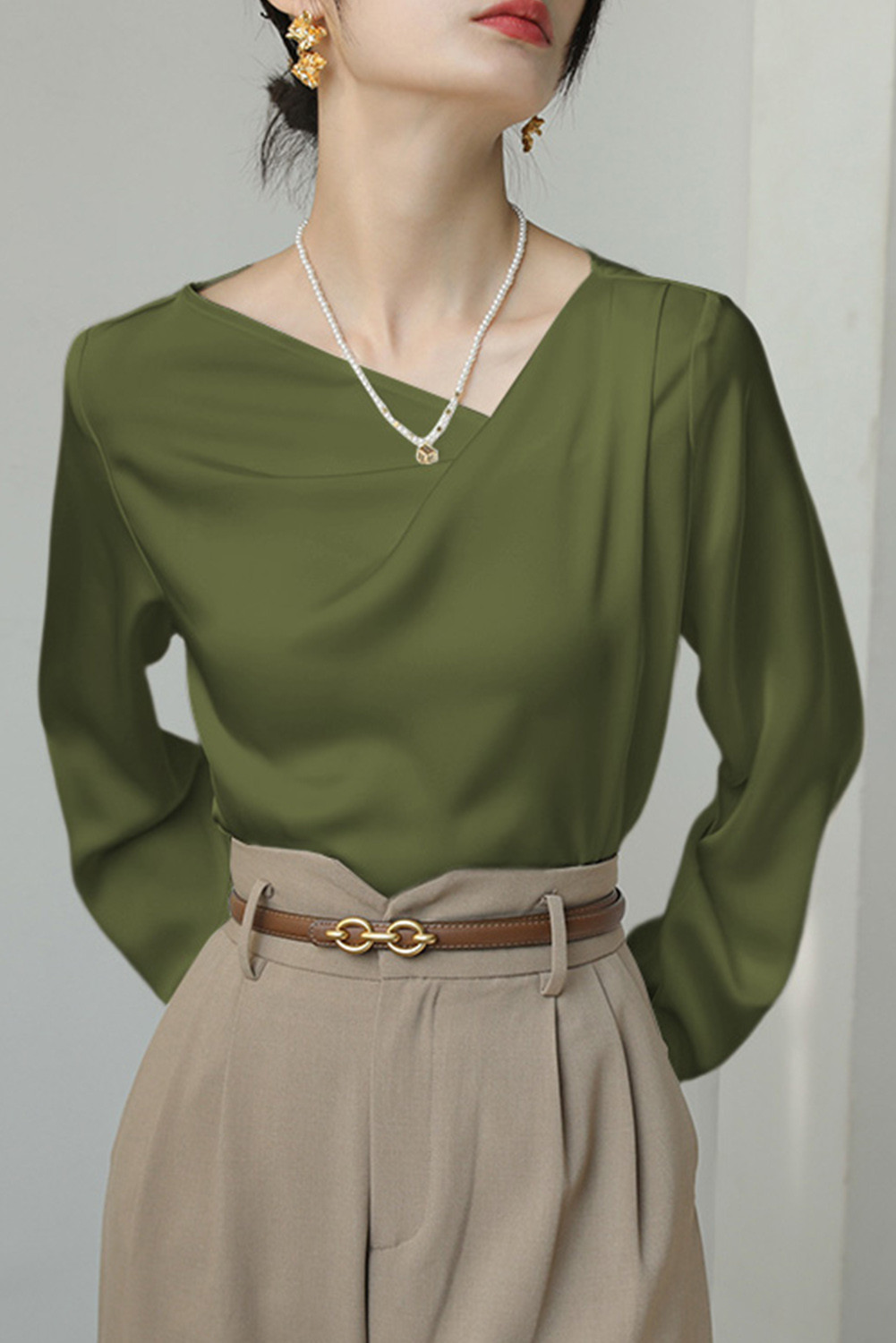 Green Solid Asymmetric V Neck Long Sleeve Satin Blouse