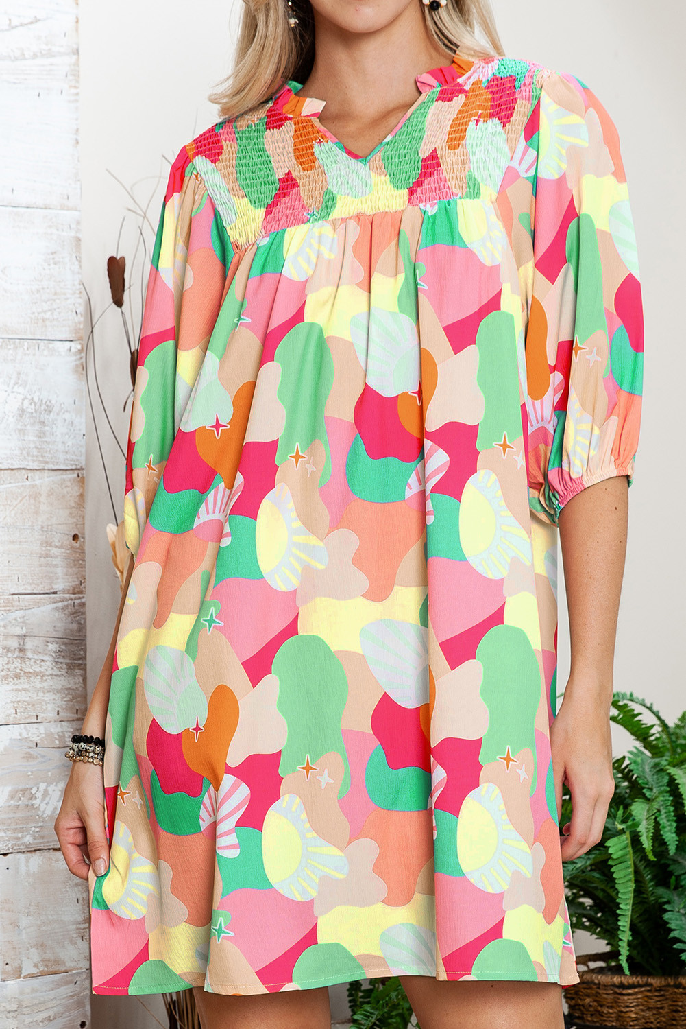 Multicolor Abstract Print Notch Neck Elbow Sleeve Boho Women's Short Dress