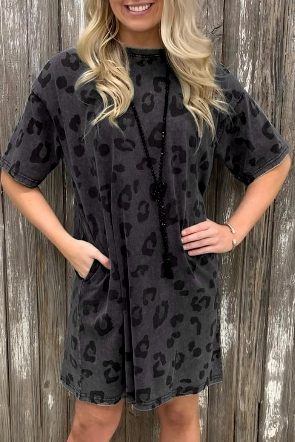Shewin Wholesale Fall Gray SHORT Sleeve Casual Leopard Print Dress With Pockets