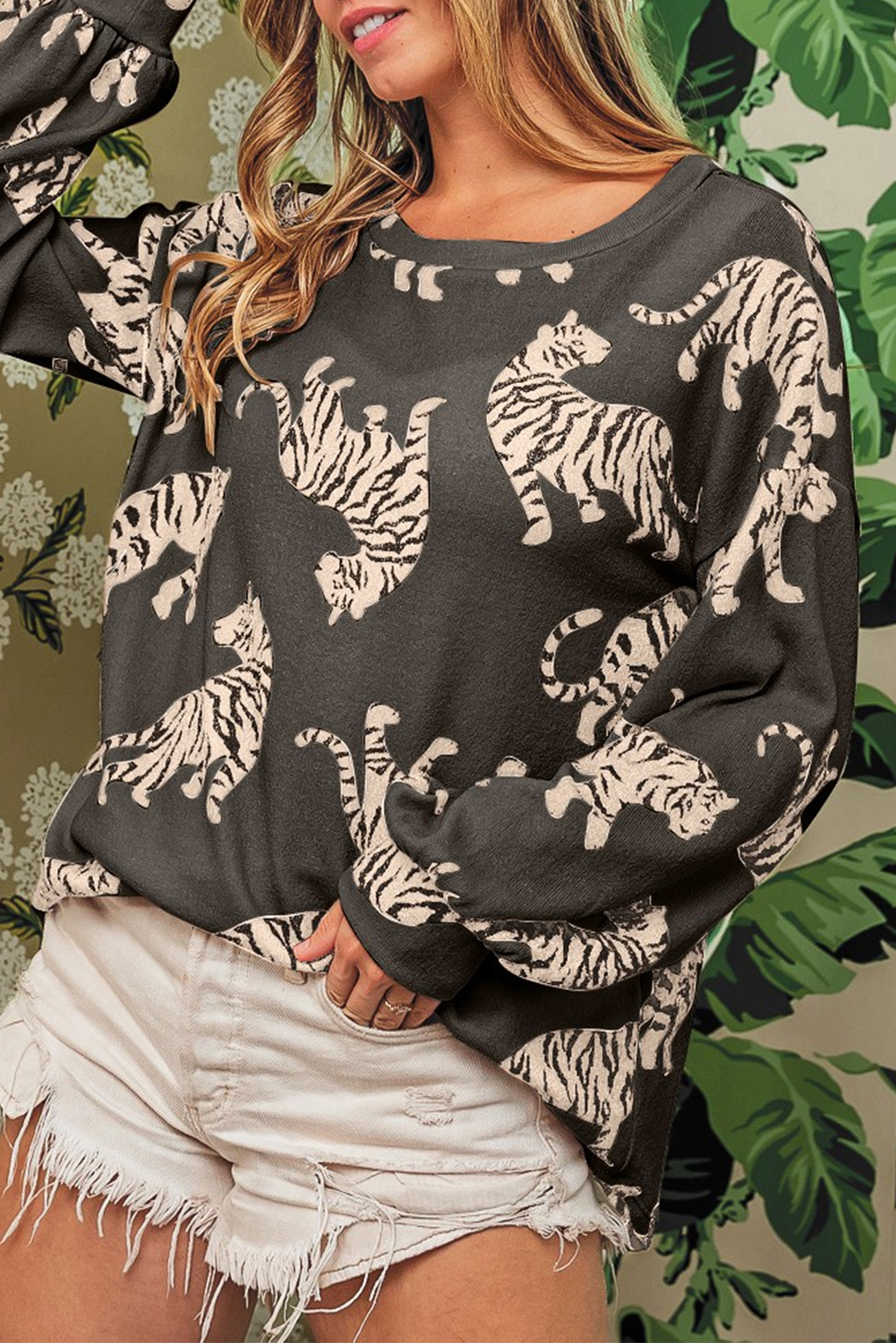 Shewin Wholesale Apparel Stores Animal Print Drop Sleeve Pullover Sweatshirt
