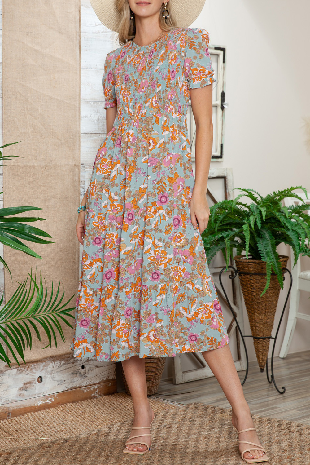 Sky Blue Floral Bubble Sleeve Smocked Flowy Ruffle Dress